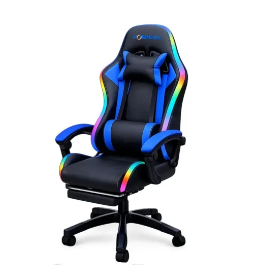 Cod. 1179 Silla Gamer Potenzza RGB Black/Blue / Iluminaci&oacute;n RGB / Almohada cabeza y zona lumbar / reclinable 120&ordm; / Rotaci&oacute;n 360&deg; / Reposapi&eacute;s retr&aacute;ctil