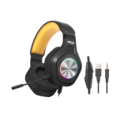 Cod. 124 Headphone MARVO Pulz 80 (HG9084) / 50mm (est&eacute;reo potente) / Luces RGB / Mic. omnidireccional extra&iacute;ble / Multiplataforma 1*jack 3.5mm + adaptador a 2 jack + USB(LuzLED) / Compatible: PS4, PS5, Xbox One, PC, Android, macOS e iOS