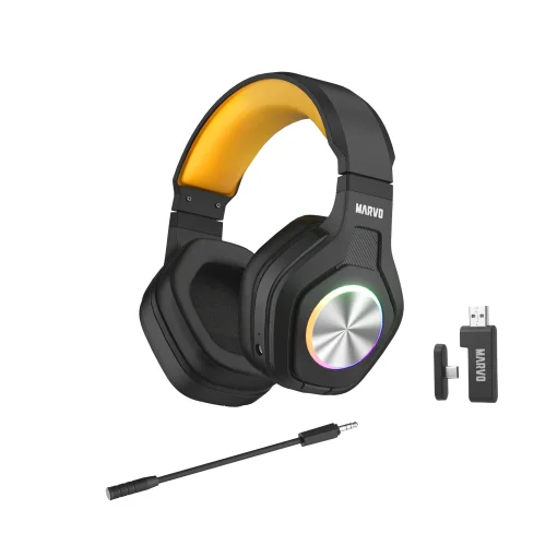Cod. 125 Headphone Inal&aacute;mbricos MARVO Pulz 80W (HG9084W) / Trimodal: 2.4G(USB-A, USB-C) + Bluetooth&reg; 5.3 + Cableado / Luces RGB / Mic. omnidireccional extra&iacute;ble / Bat.: 1000 mAh / Compatible: PC, Android, Mac OS,IOS,PS4,PS5,XBOX ONE