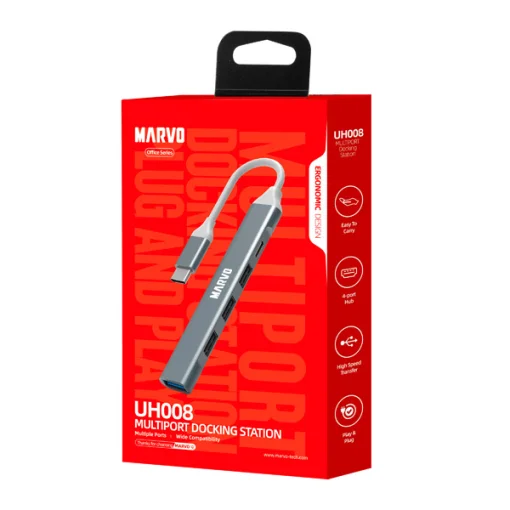 Cod.978  Hub MARVO UH008 / Interfaz USB Tipo-C a 1*USB 3.0 + 3*USB 2.0 + 1*Tipo-C / plug &amp; Play / Metal