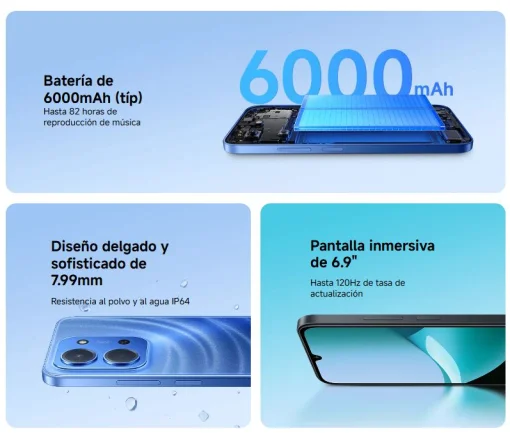 Cod. 349 Xiaomi Redmi 15C / 128GB Rom / 4GB Ram (up to 8GB exten.) / Helio G81-Ultra / 6.9" HD+ 120Hz / Cam. Dual 50MP con AI + 8MP Frontal / Bat. 6.000 mAh / 33W / IP64 / USB-C / Negro Ocaso