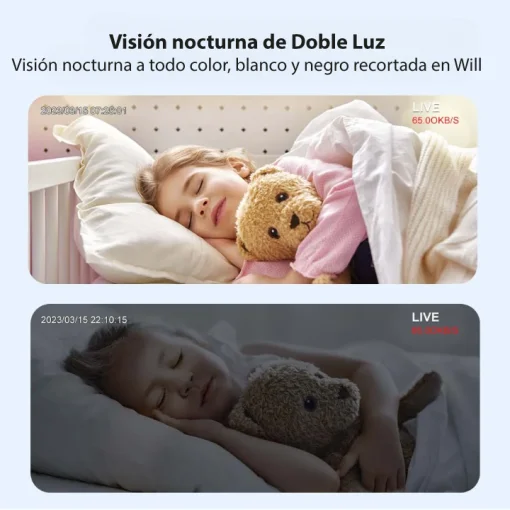 Cod. A:265  Cámara Smart Wi-Fi, P/Interior QC9 Full HD 1080p / lente 3MP con gran angular de 180 grados / 2 LED + infrarrojo / Monitor de bebé de seguimiento humano / protección de Seguridad de doble pantalla en la plataforma / Audio bidireccional / almac