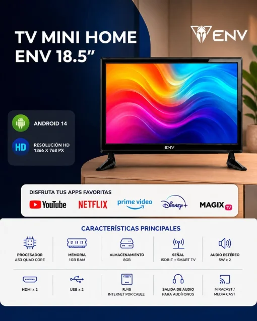 Cod. 146 Smart TV Mini Home ENV 18.5" HD 1AENV8423 / Android 14, (Magis TV y Apps Preinstaladas) / Wi-Fi &amp; Miracast / 2*HDMI, 2*USB / Dolby Audio