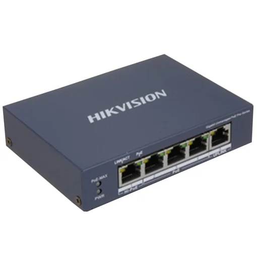 Cod. 133 Switch PoE Gigabit HIKVISION Smart Managed DS-3E1505P-EI/M / 4*Puertos PoE Gigabit (45 Watts) + 1*Uplink G. / hasta 300 metros / Gestión remota Hik-Partner Pro / Protección 6kV / Config. VLAN / carcasa metálica