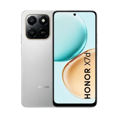 Cod. 299 HONOR X7d / 256GB Rom / 8GB Ram / LTE (Dual SIM) / 6.77" HD+ 120 Hz / Cam. 108MP con AI, 8MP Frontal / MagicOS 9 (Android 15) / Bot&oacute;n AI / Resistencia al agua IP65 y caidas SGS / Bat. celda dual 6.500 mAh / Plata Meteoro