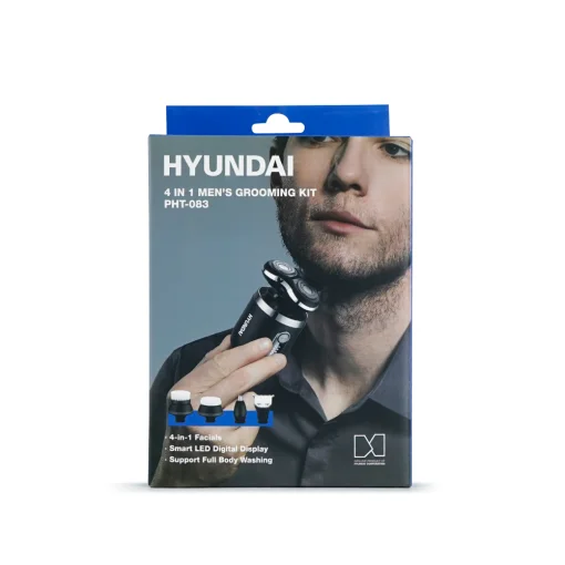 Cod. 1046 Kit Afeitadora Hyundai PHT-083 4en1 / 5W / Bat. 600 mAh / 8500 RPM / resistente al agua (IPX6) / Incl. (1*cabezal recortador vello nasal, 1*recortador vello, 1*cepillo limpieza facial, 1*cabezal masaje)