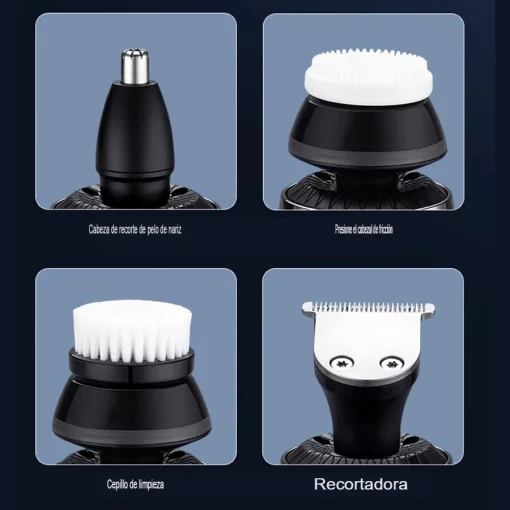 Cod. 1046 Kit Afeitadora Hyundai PHT-083 4en1 / 5W / Bat. 600 mAh / 8500 RPM / resistente al agua (IPX6) / Incl. (1*cabezal recortador vello nasal, 1*recortador vello, 1*cepillo limpieza facial, 1*cabezal masaje)