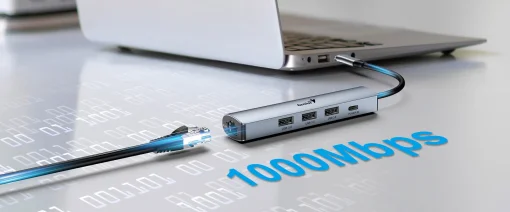 Cod. 374 Hub Multipuertos Genius UH-545 5 en 1 / Interfaz: USB-C a 1*Ethernet RJ45 (Gigabit), 3*USB-A 3.0 (datos), 1*USB-C PD (carga) / Compatible: Windows®, Mac OS, Android, Apple IOS / Plug &amp; play