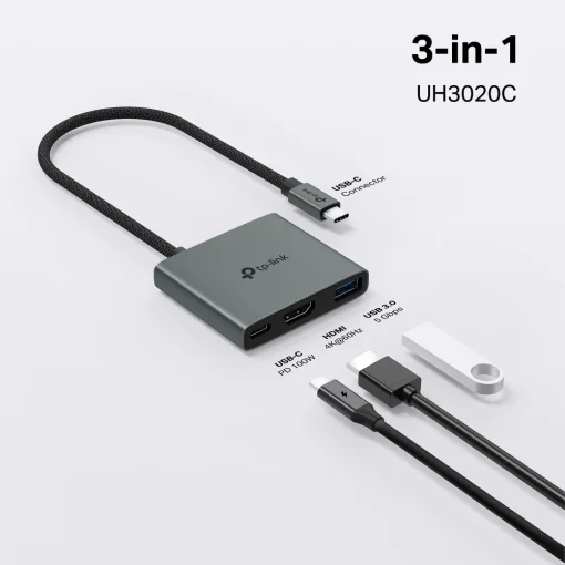Cod. B:378 Hub TP-LINK UH3020C 3 en 1 / USB-C a 1*HDMI 4K@60Hz, 1*USB-C PD (Carga r&aacute;pida 100W), 1*USB-A 3.0 5 Gbps. / Compatible: Windows&reg;, Mac OS, Linux, iPadOS, iOS, Android, Chrome OS y NintendoOS. / Plug &amp; play