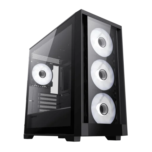 Cod. 316 Case GAMEMAX Defender TG BK/ lateral y frontal vidrios templados / 1*USB3.0 + 2*USB2.0 / Audio HD Compatible: GPU Serie RTX-40xx y enfriador CPU líquido 360 / Incluye: 4*ventiladores 12mm. ARGB