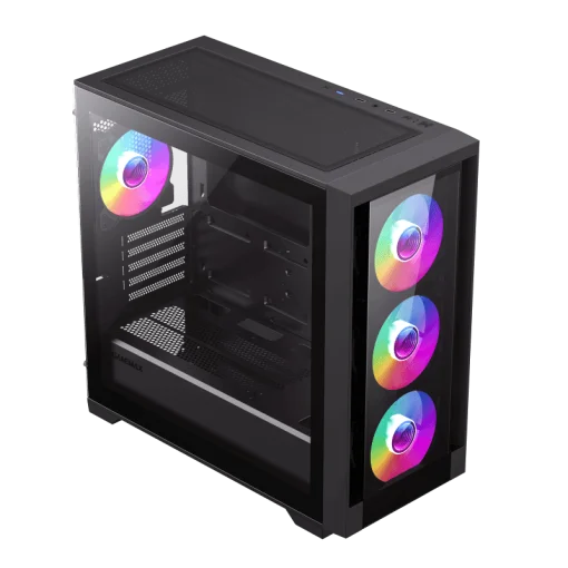Cod. 316 Case GAMEMAX Defender TG BK/ lateral y frontal vidrios templados / 1*USB3.0 + 2*USB2.0 / Audio HD Compatible: GPU Serie RTX-40xx y enfriador CPU líquido 360 / Incluye: 4*ventiladores 12mm. ARGB
