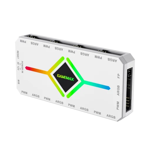 Cod. 474 HUB Controlador GAMEMAX 3en1 V4.0 PWM ARGB HUB / control remoto / Diseño magnético / Sync AURA, MSI Gigabyte, AsRock 5v 3 Pin, / 9 puertos PWM + ARGB