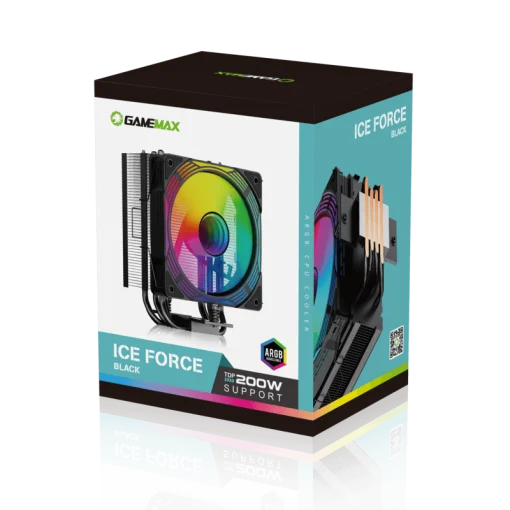 Cod. 162 Air cooler CPU GAMEMAX Ice Force BK ARGB / 4*tubos térmicos / TDP 200W  / Compatible: Intel Intel LGA1851/1700/115X/1366 y AMD AM5/AM4 / AURA SYNC 3 pines (M/F), PWM 4 pines