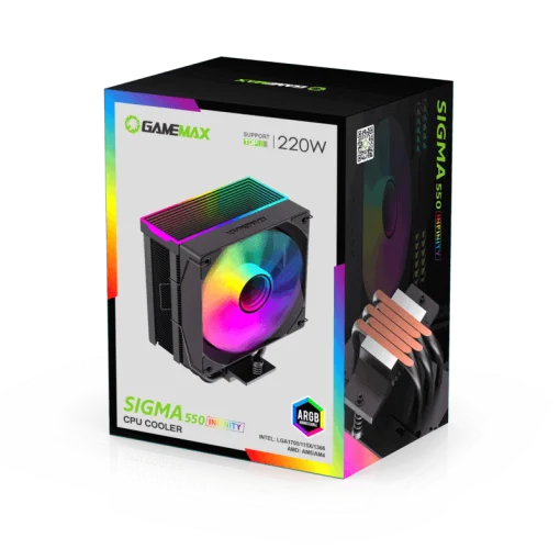 Cod. B:159 Air cooler CPU GAMEMAX Sigma 550 Infinity BK / 5*tubos térmicos / TDP 220W / efecto de luz de espacio infinito / Compatible: Intel Intel LGA1700/115X/1366 y AMD AM5/AM4 / AURA SYNC 3 pines (M/F), PWM 4 pines