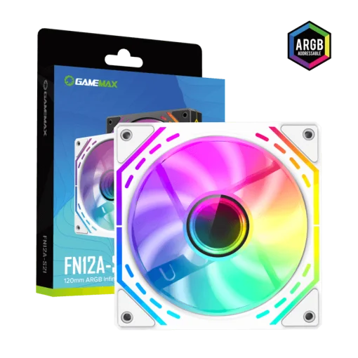 Cod. 376 Kit GAMEMAX Case Infinity White / lateral y frontal vidrio templado / doble cámara / USB Tipo-C + USB 3.0, HD audio / sin fuente / Blanco / Incluye P/Armar 4*fans ARGB 120mm + Controlador RGB AURA Sync + CR