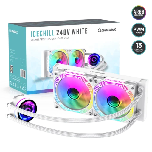 Cod. B:166 Enfriamiento Líquido CPU GAMEMAX IceChill 240V White / Bomba y ventiladores RGB y PWM direccionables 240mm AIO TDP 250W / compatible: Intel 1700/1366/2011/1851 y AMD AM5/AM4