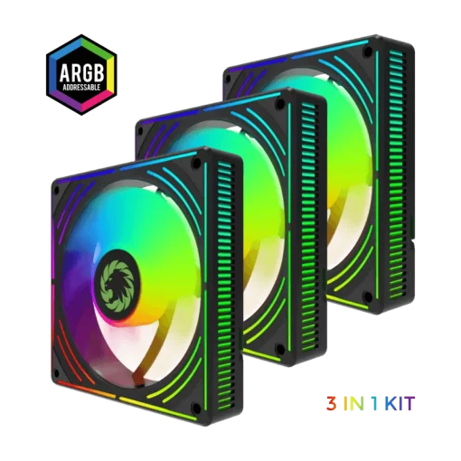 Cod. V:334 Kit Ventiladores PC GAMEMAX RA300 BK / 3*FAN120mm Luces ARGB / AURA 3 pin 5V (M/F), PWM 4 pines(M/F)