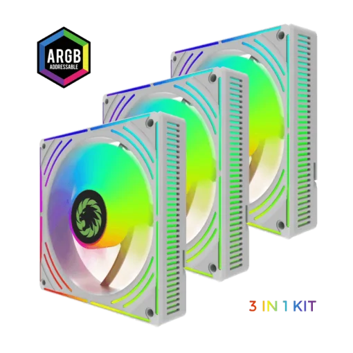 Cod. V:335 Kit Ventiladores PC GAMEMAX RA300 WH / 3*FAN120mm Luces ARGB / AURA 3 pin 5V (M/F), PWM 4 pines(M/F)