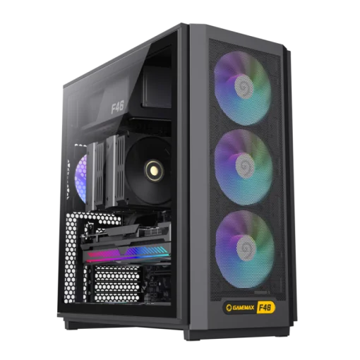 Cod. 356 Case GAMEMAX F46 BK / ATX / 1*USB-C, 2*USB3.0 / frontal Mesh Optimizado P/Flujo de Aire y lat. vidrio templado / admite refri. líquida 360° &amp; VGA 350mm / Módulo I/O intercambiables / Incluye 4*Fans ARGB 120mm