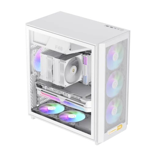 Cod. 357 Case GAMEMAX F46 WH / ATX / 1*USB-C, 2*USB3.0 / frontal Mesh Optimizado P/Flujo de Aire y lat. vidrio templado / admite refri. líquida 360° &amp; VGA 350mm / Módulo I/O intercambiables / Incluye 4*Fans ARGB 120mm