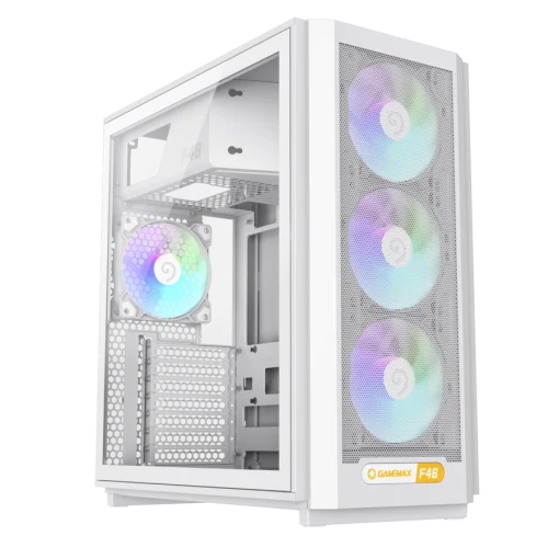 Cod. 357 Case GAMEMAX F46 WH / ATX / 1*USB-C, 2*USB3.0 / frontal Mesh Optimizado P/Flujo de Aire y lat. vidrio templado / admite refri. líquida 360° &amp; VGA 350mm / Módulo I/O intercambiables / Incluye 4*Fans ARGB 120mm