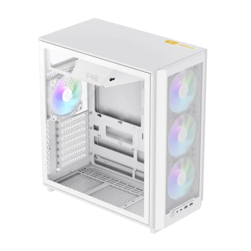 Cod. 357 Case GAMEMAX F46 WH / ATX / 1*USB-C, 2*USB3.0 / frontal Mesh Optimizado P/Flujo de Aire y lat. vidrio templado / admite refri. líquida 360° &amp; VGA 350mm / Módulo I/O intercambiables / Incluye 4*Fans ARGB 120mm
