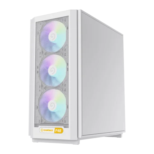 Cod. 357 Case GAMEMAX F46 WH / ATX / 1*USB-C, 2*USB3.0 / frontal Mesh Optimizado P/Flujo de Aire y lat. vidrio templado / admite refri. líquida 360° &amp; VGA 350mm / Módulo I/O intercambiables / Incluye 4*Fans ARGB 120mm