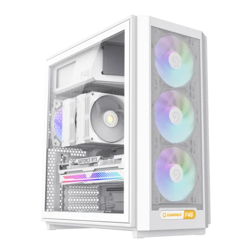 Cod. 357 Case GAMEMAX F46 WH / ATX / 1*USB-C, 2*USB3.0 / frontal Mesh Optimizado P/Flujo de Aire y lat. vidrio templado / admite refri. líquida 360° &amp; VGA 350mm / Módulo I/O intercambiables / Incluye 4*Fans ARGB 120mm