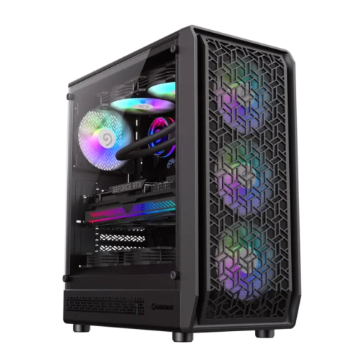 Cod. 323 Case GAMEMAX FORGE AB / lateral vidrio templado y frontal diseño parrilla ABS / 1*USB3.0 + 1*USB2.0 + 1*Tipo-C / Audio HD / Incluye: 6*ventiladores ARGB 120mm