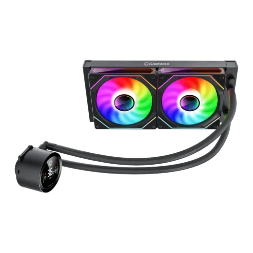 Cod. 167 Enfriamiento Líquido GAMEMAX ICEBURG 240 Digital BK / FAN 2*120MM PWM / TDP 245W / Pantalla digital de temperatura / Sincronización ARGB AURA Sync / Compatible Intel LGA1700 y AMD AM5
