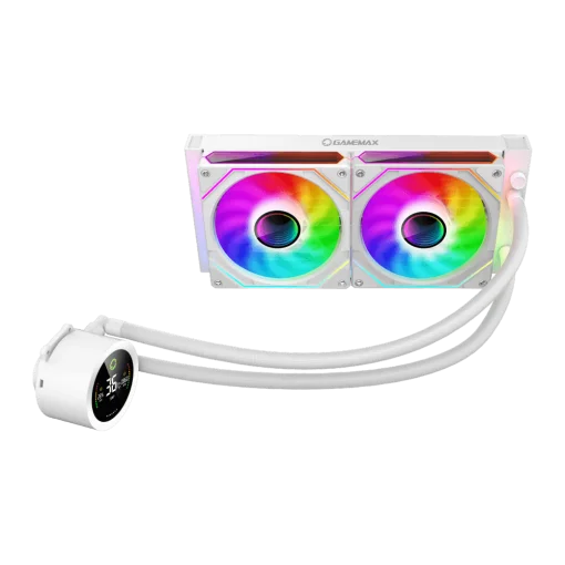 Cod.168 Enfriamiento Líquido GAMEMAX ICEBURG 240 Digital WH / FAN 2*120MM PWM / TDP 245W / Pantalla digital de temperatura / Sincronización ARGB AURA Sync / Compatible Intel LGA1700 y AMD AM5