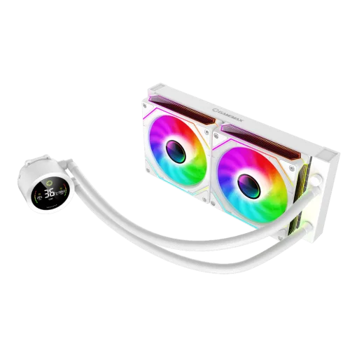 Cod.168 Enfriamiento Líquido GAMEMAX ICEBURG 240 Digital WH / FAN 2*120MM PWM / TDP 245W / Pantalla digital de temperatura / Sincronización ARGB AURA Sync / Compatible Intel LGA1700 y AMD AM5