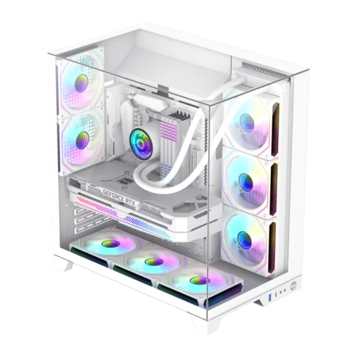Cod 387 KIT GAMEMAX Infinity Plus White / ATX / USB3.1/USB-C / Diseño Vista Panorámica 3 lados vidrios templados / cables y tubos ocultos / admite: refri. líquida 360°, VGA 400mm / Incluye P/Armar 6*Fans total en 2*Pack ARGB 12M + Controlador RGB AURA Syn