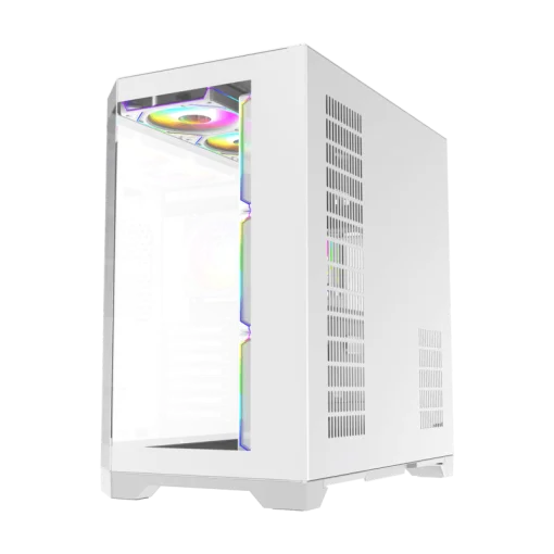 Cod. 348 Case GAMEMAX HYPE-A White / ATX / 1*USB3.0, 2*USB2.0 / vidrios templados panorámico 270° / admite tarjetas NVIDIA Serie 4000 &amp; refri. líquida 360° / Incluye 4*Fans 120mm ARGB + Controlador V5.0 ARGB HUB-PWM + CR.