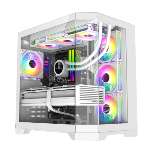 Cod. 348 Case GAMEMAX HYPE-A White / ATX / 1*USB3.0, 2*USB2.0 / vidrios templados panorámico 270° / admite tarjetas NVIDIA Serie 4000 &amp; refri. líquida 360° / Incluye 4*Fans 120mm ARGB + Controlador V5.0 ARGB HUB-PWM + CR.