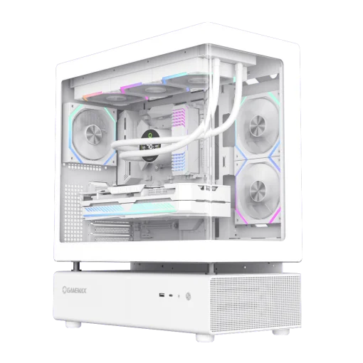 Cod. 319 Case GAMEMAX N80 WH / vidrio Curvo templado panorámico / Diseño modular desmontable: / 1*USB3.0 + 1*Tipo-C Gen2 / audio HD / Montaje vertical de tarjeta GPU / Refrigeración integral: cobertura de 270: 6*ventiladores 12mm. ARGB + HUB Fan PWM ARGB