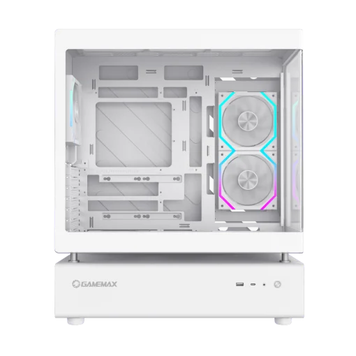 Cod. 319 Case GAMEMAX N80 WH / vidrio Curvo templado panorámico / Diseño modular desmontable: / 1*USB3.0 + 1*Tipo-C Gen2 / audio HD / Montaje vertical de tarjeta GPU / Refrigeración integral: cobertura de 270: 6*ventiladores 12mm. ARGB + HUB Fan PWM ARGB