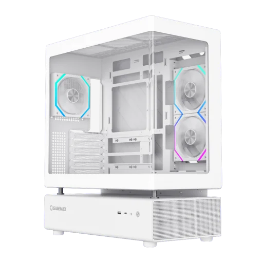 Cod. 319 Case GAMEMAX N80 WH / vidrio Curvo templado panorámico / Diseño modular desmontable: / 1*USB3.0 + 1*Tipo-C Gen2 / audio HD / Montaje vertical de tarjeta GPU / Refrigeración integral: cobertura de 270: 6*ventiladores 12mm. ARGB + HUB Fan PWM ARGB