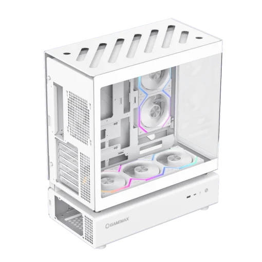 Cod. 319 Case GAMEMAX N80 WH / vidrio Curvo templado panorámico / Diseño modular desmontable: / 1*USB3.0 + 1*Tipo-C Gen2 / audio HD / Montaje vertical de tarjeta GPU / Refrigeración integral: cobertura de 270: 6*ventiladores 12mm. ARGB + HUB Fan PWM ARGB