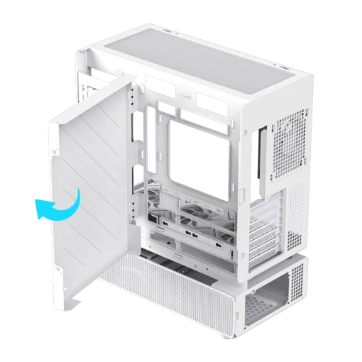 Cod. 319 Case GAMEMAX N80 WH / vidrio Curvo templado panorámico / Diseño modular desmontable: / 1*USB3.0 + 1*Tipo-C Gen2 / audio HD / Montaje vertical de tarjeta GPU / Refrigeración integral: cobertura de 270: 6*ventiladores 12mm. ARGB + HUB Fan PWM ARGB