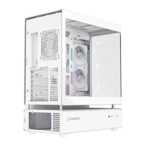 Cod. 319 Case GAMEMAX N80 WH / vidrio Curvo templado panorámico / Diseño modular desmontable: / 1*USB3.0 + 1*Tipo-C Gen2 / audio HD / Montaje vertical de tarjeta GPU / Refrigeración integral: cobertura de 270: 6*ventiladores 12mm. ARGB + HUB Fan PWM ARGB