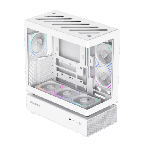 Cod. 319 Case GAMEMAX N80 WH / vidrio Curvo templado panorámico / Diseño modular desmontable: / 1*USB3.0 + 1*Tipo-C Gen2 / audio HD / Montaje vertical de tarjeta GPU / Refrigeración integral: cobertura de 270: 6*ventiladores 12mm. ARGB + HUB Fan PWM ARGB