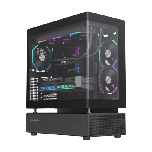 Cod. 318 Case GAMEMAX N80 BK / vidrio Curvo templado panorámico / Diseño modular desmontable: / 1*USB3.0 + 1*Tipo-C Gen2 / audio HD / Montaje vertical de tarjeta GPU / Refrigeración integral: cobertura de 270: 6*ventiladores 12mm. ARGB + HUB Fan PWM ARGB