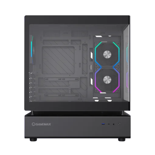 Cod. 318 Case GAMEMAX N80 BK / vidrio Curvo templado panorámico / Diseño modular desmontable: / 1*USB3.0 + 1*Tipo-C Gen2 / audio HD / Montaje vertical de tarjeta GPU / Refrigeración integral: cobertura de 270: 6*ventiladores 12mm. ARGB + HUB Fan PWM ARGB