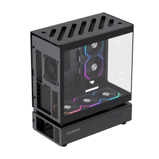 Cod. 318 Case GAMEMAX N80 BK / vidrio Curvo templado panorámico / Diseño modular desmontable: / 1*USB3.0 + 1*Tipo-C Gen2 / audio HD / Montaje vertical de tarjeta GPU / Refrigeración integral: cobertura de 270: 6*ventiladores 12mm. ARGB + HUB Fan PWM ARGB