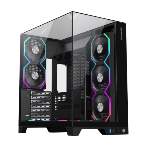 Cod. 371 Case GAMEMAX Infinity Pro BK / ATX / USB 3.0/USB-C / Diseño Vista Panorámica 3 lados vidrios templados / admite: refri. líquida 360° &amp; VGA 400mm / Incluye 5*fans ARGB 120mm (2*Post., 3*Infe.) + Controlador RGB AURA Sync