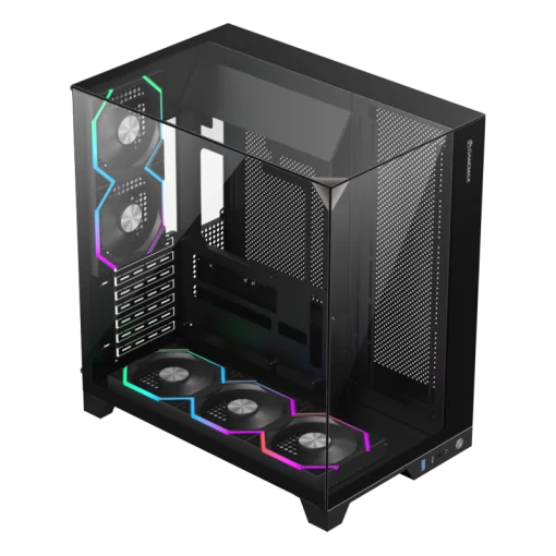 Cod. 371 Case GAMEMAX Infinity Pro BK / ATX / USB 3.0/USB-C / Diseño Vista Panorámica 3 lados vidrios templados / admite: refri. líquida 360° &amp; VGA 400mm / Incluye 5*fans ARGB 120mm (2*Post., 3*Infe.) + Controlador RGB AURA Sync