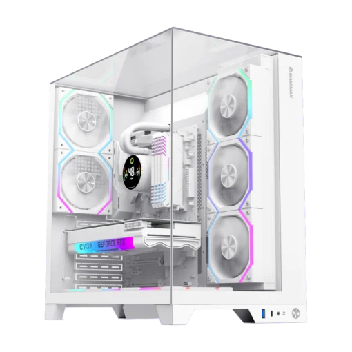 Cod. 372 Case GAMEMAX Infinity Pro WH / ATX / USB 3.0/USB-C / Diseño Vista Panorámica 3 lados vidrios templados / admite: refri. líquida 360° &amp; VGA 400mm / Incluye 5*fans ARGB 120mm (2*Post., 3*Infe.) + Controlador RGB AURA Sync