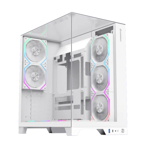 Cod. 372 Case GAMEMAX Infinity Pro WH / ATX / USB 3.0/USB-C / Diseño Vista Panorámica 3 lados vidrios templados / admite: refri. líquida 360° &amp; VGA 400mm / Incluye 5*fans ARGB 120mm (2*Post., 3*Infe.) + Controlador RGB AURA Sync