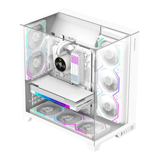 Cod. 372 Case GAMEMAX Infinity Pro WH / ATX / USB 3.0/USB-C / Diseño Vista Panorámica 3 lados vidrios templados / admite: refri. líquida 360° &amp; VGA 400mm / Incluye 5*fans ARGB 120mm (2*Post., 3*Infe.) + Controlador RGB AURA Sync
